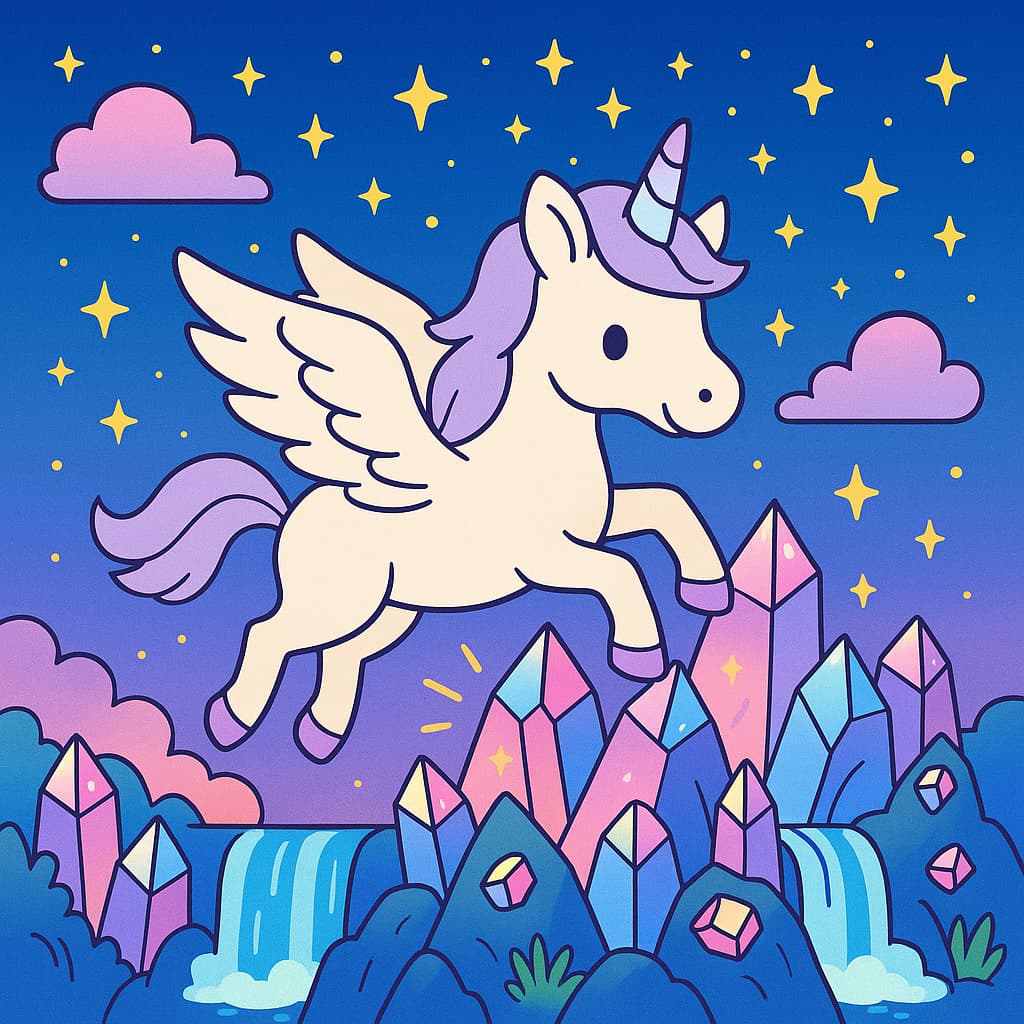 Ideia de colorir unicórnio alado com cristais sobre cachoeiras
