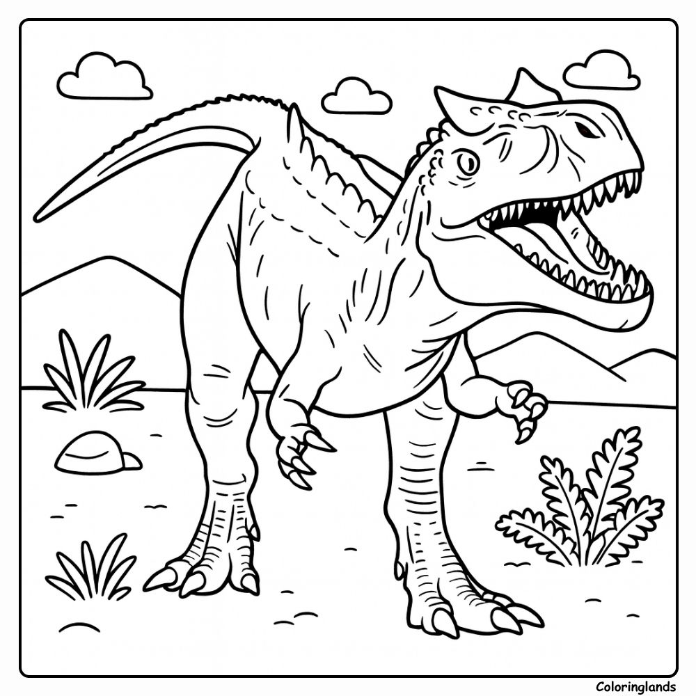 Desenho de Allosaurus rugindo pelas planícies abertas e nuvens