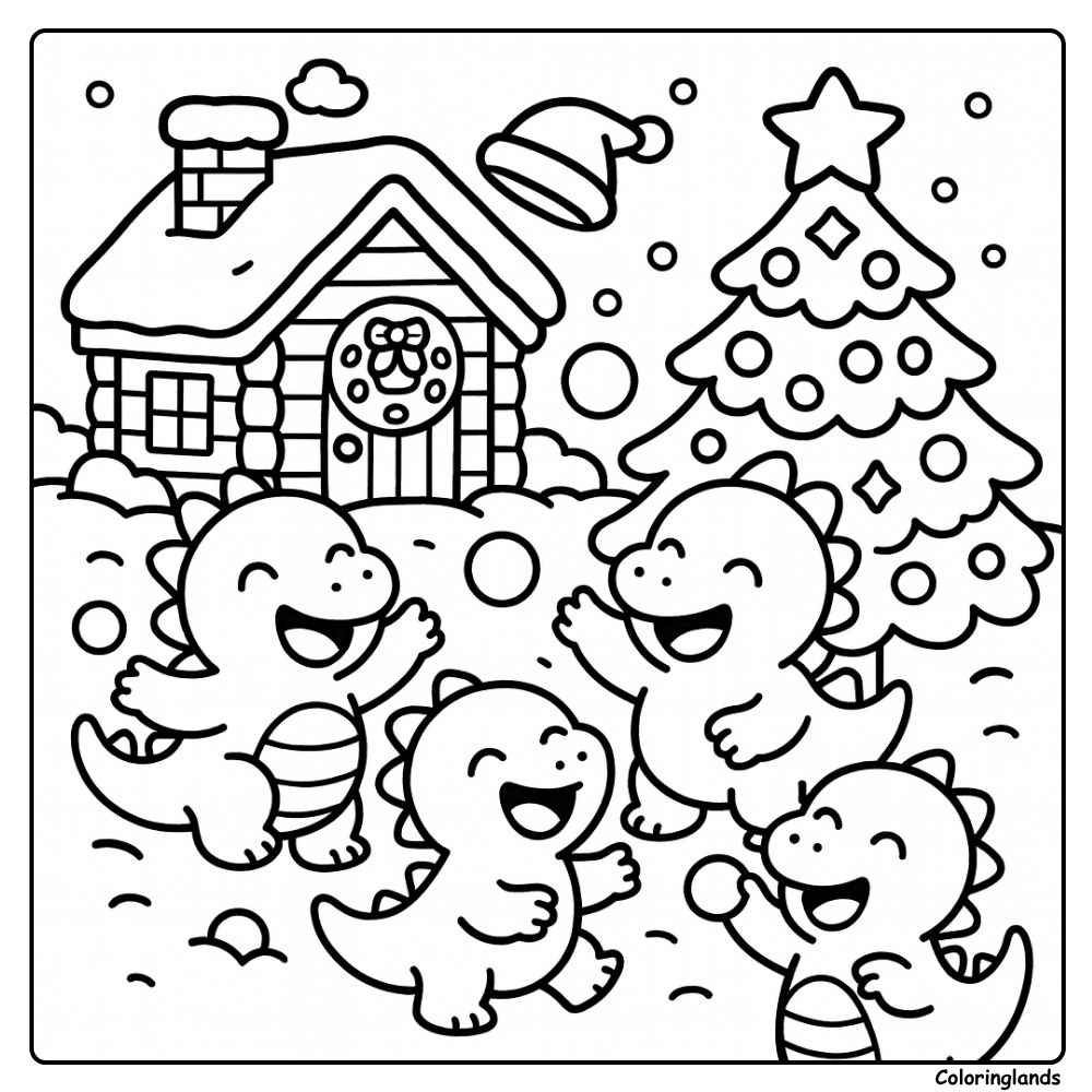 Desenhos de dinossauros natalinos para colorir com cabana, árvore e neve