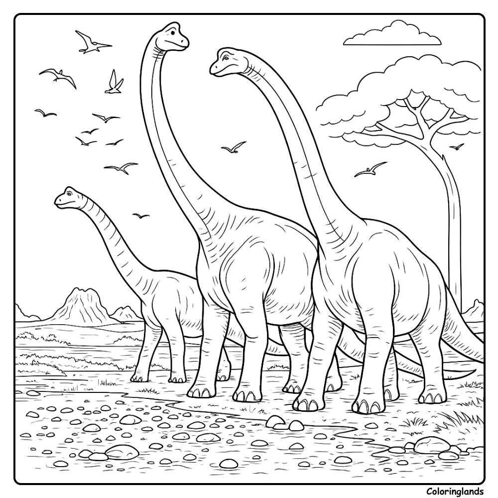 Desenho para colorir de Baryonyx perto de árvores, pássaros e águas abertas