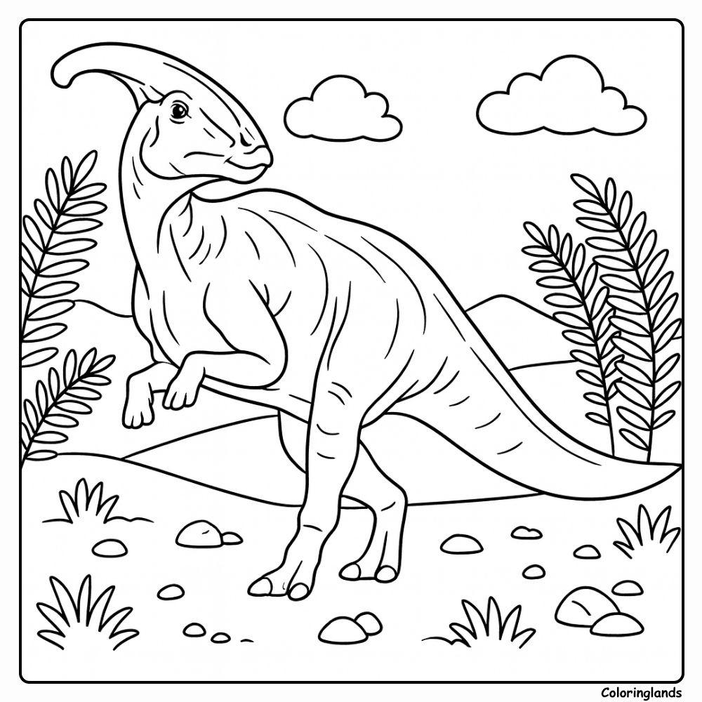 Desenho para colorir de Parasaurolophus com crista longa em planície ensolarada