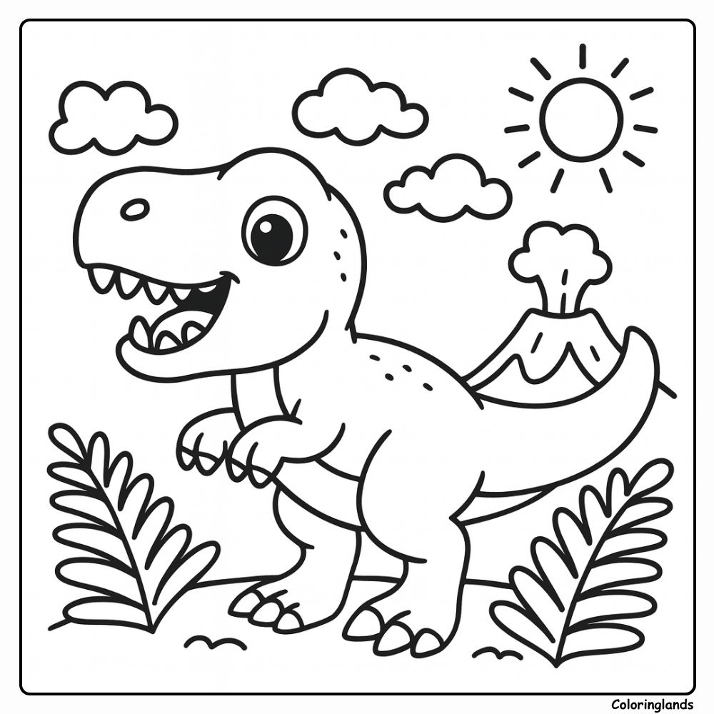 Desenho para colorir de bebê T-Rex com nuvens de vulcão e plantas