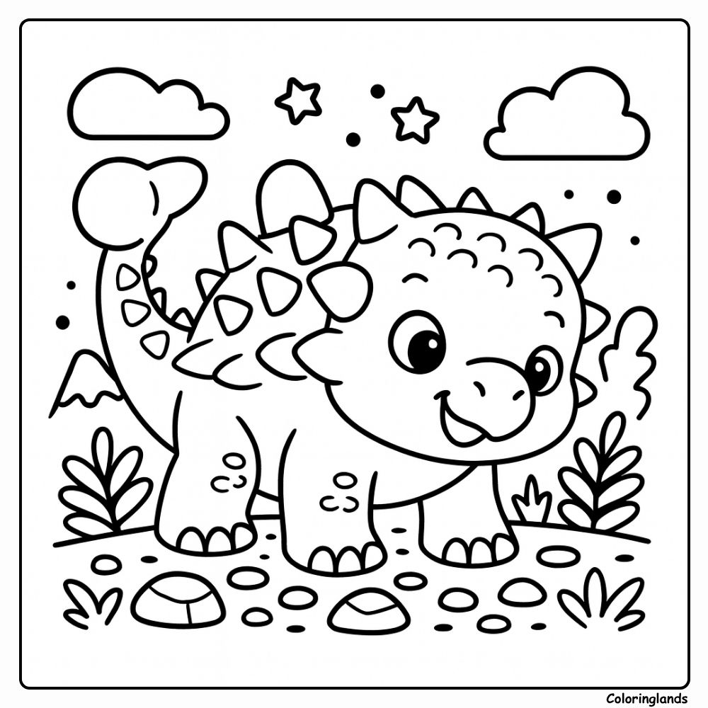Desenho para colorir de bebê anquilossauro com espinhos e um céu radiante