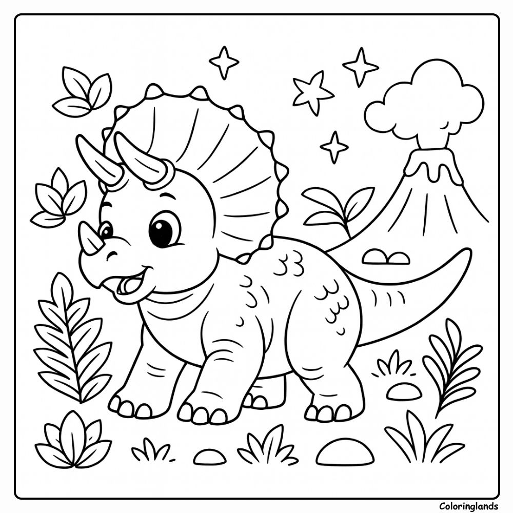 Desenho para colorir de bebê tricerátops com vulcão e plantas
