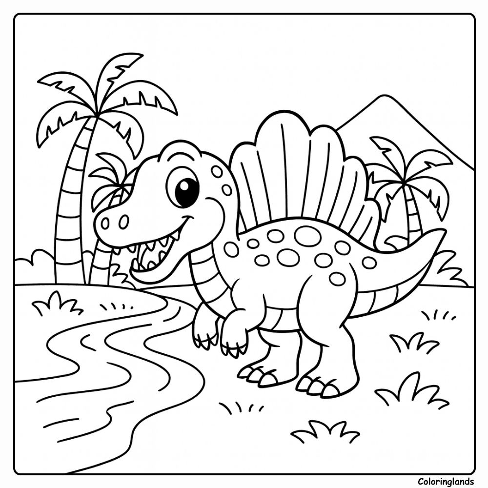 Desenho para colorir de dinossauro bebê espinossauro com palmeiras