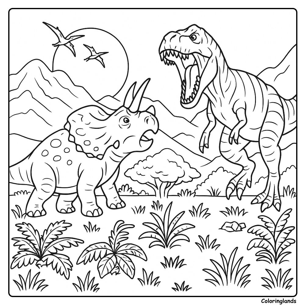 Desenho para colorir de dinossauros lutando: t-rex e tricerátopo com montanhas ao fundo