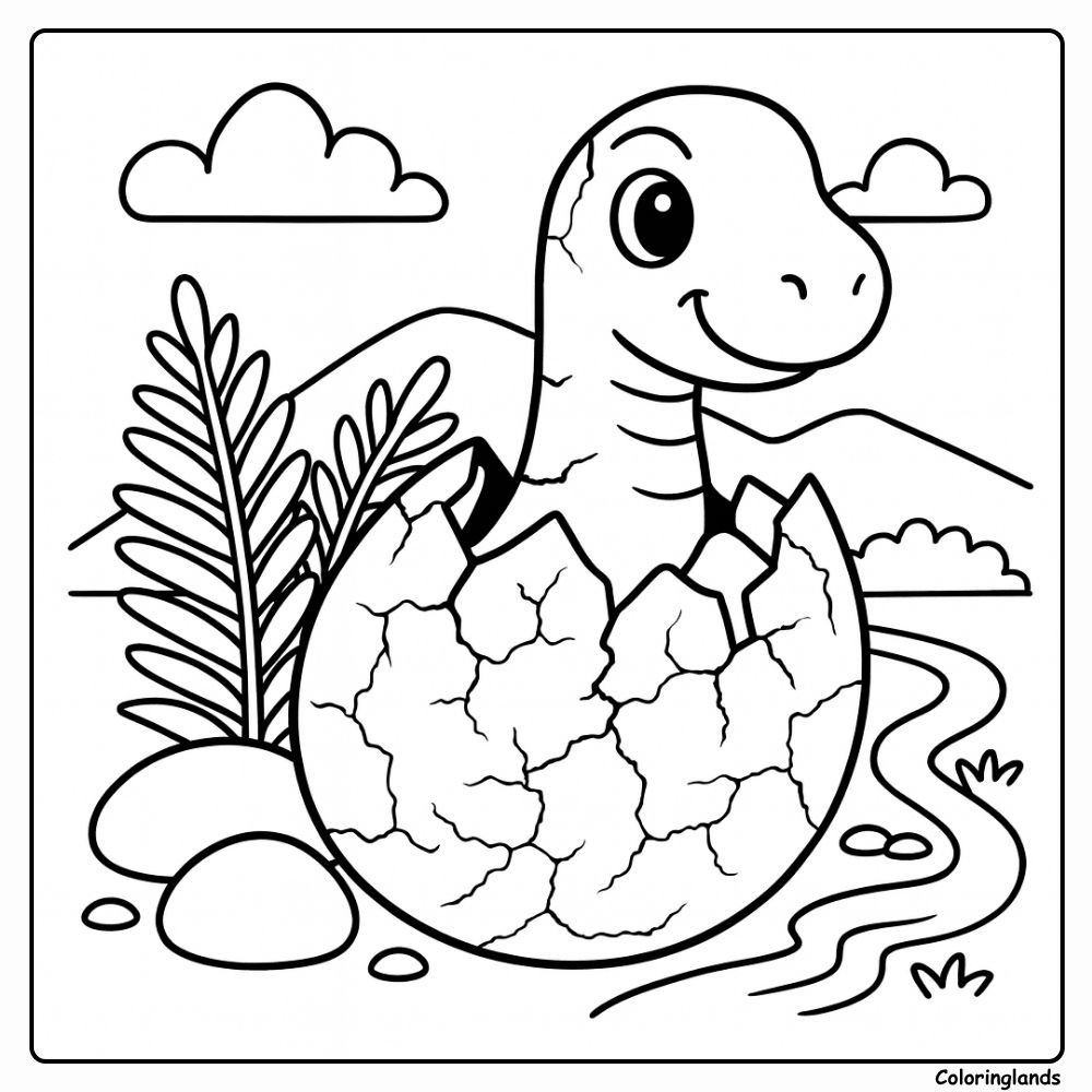 Desenho para colorir de ovo de dinossauro Apatossauro com casca rachada e riacho
