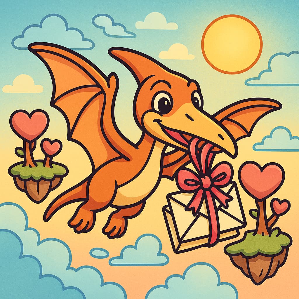 Pterossauro entregando cartas com fitas em um céu ensolarado, ideia para colorir