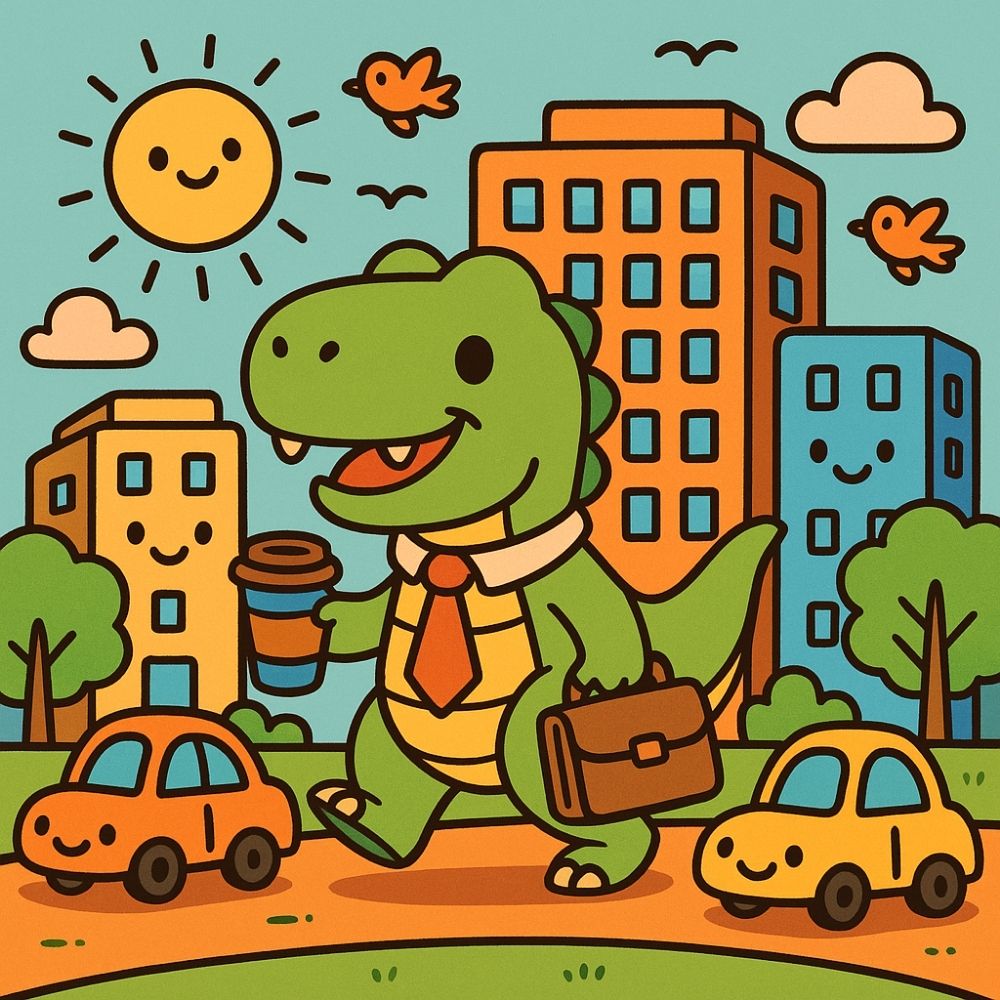 Ideias fofas de colorir T-Rex com café, carros e prédios altos