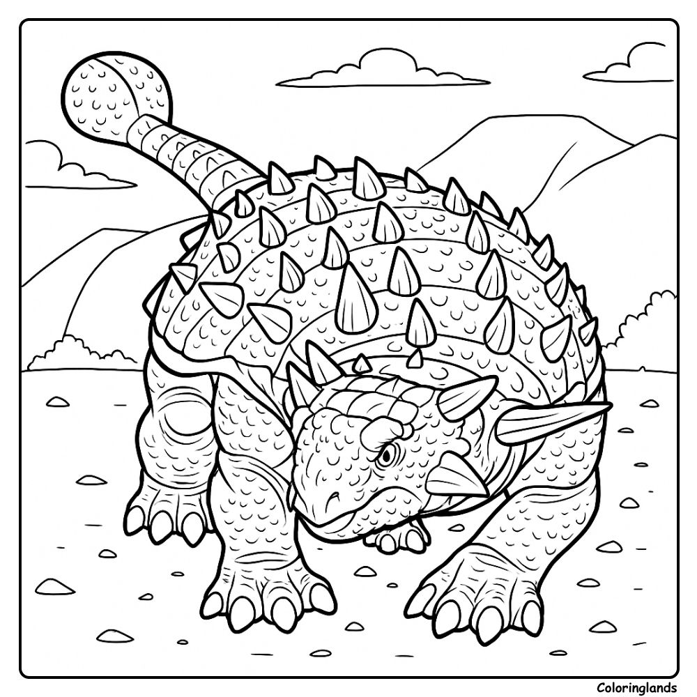 Página para colorir de Anquilossauro com cauda espinhosa e montanhas
