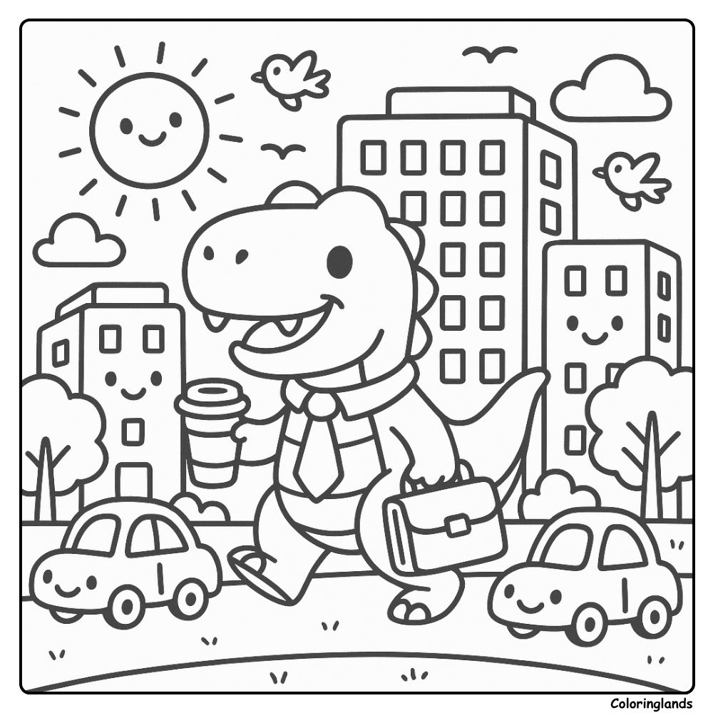 Página para colorir de T-Rex fofo com sol sorridente, carros e prédios altos