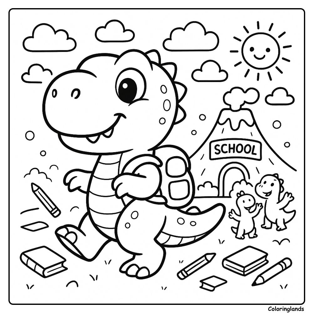 Página para colorir de bebê T-Rex com mochila, lápis e sol sorridente