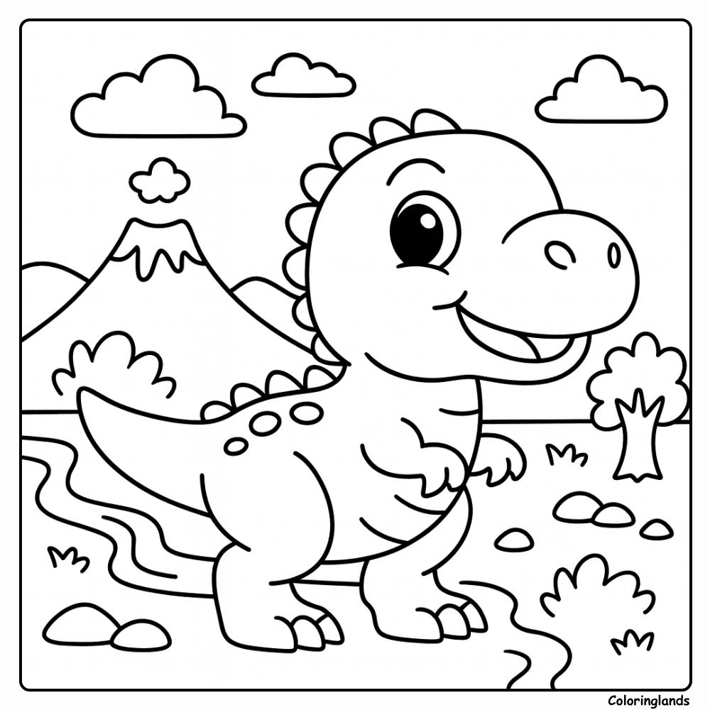 Página para colorir de dinossauro bebê T-Rex junto ao riacho e colinas