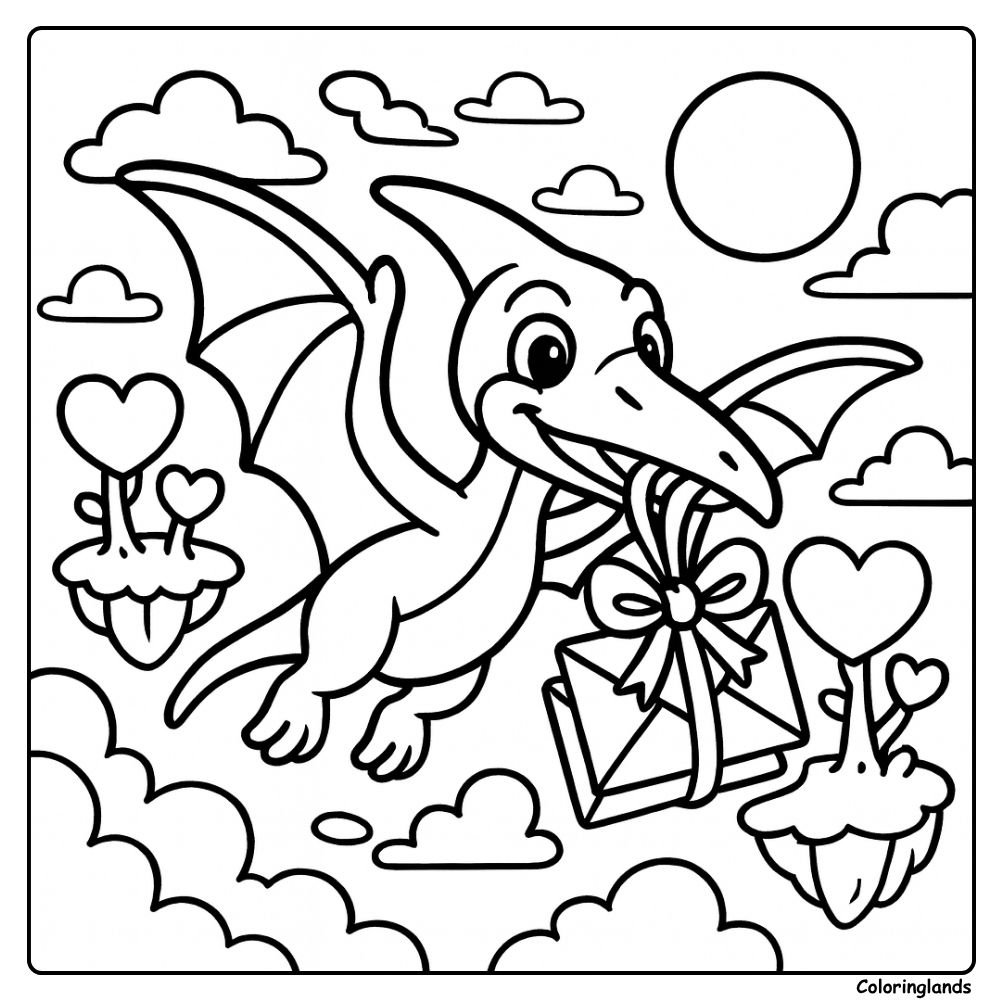 Página para colorir de dinossauro voador com pterossauro e pacote