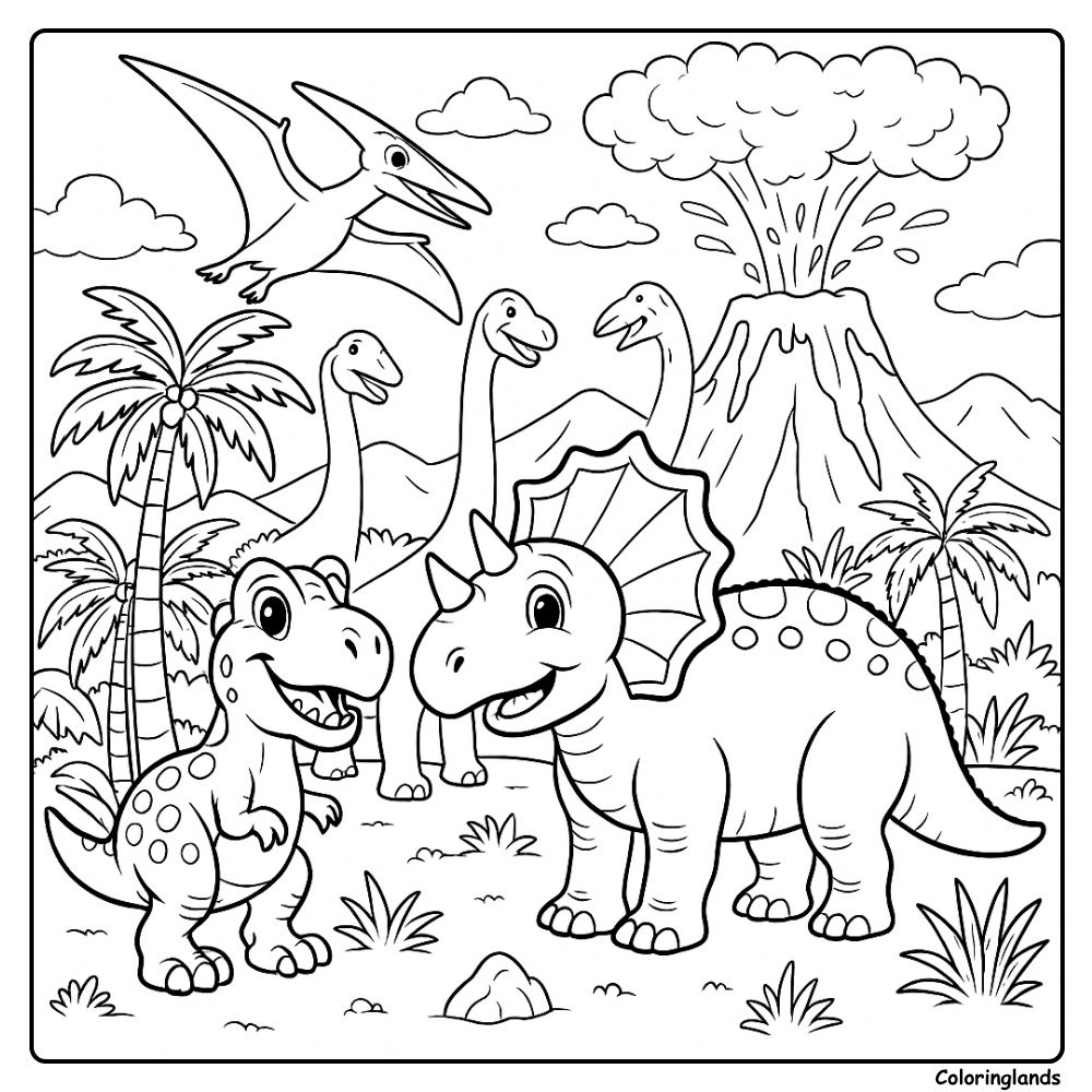 Página para colorir de dinossauros com vulcão em erupção e nuvens