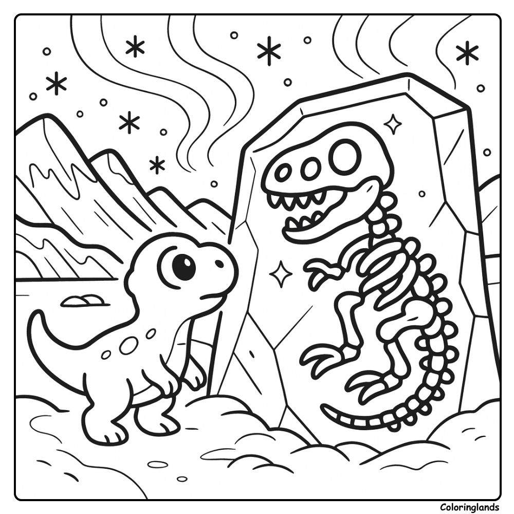 Página para colorir de fóssil de dinossauro com ossos em laje de cristal e céu noturno
