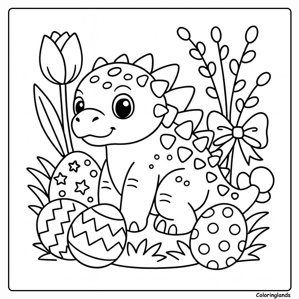 Página para colorir de ovo de Páscoa com dinossauro anquilossauro e tulipas