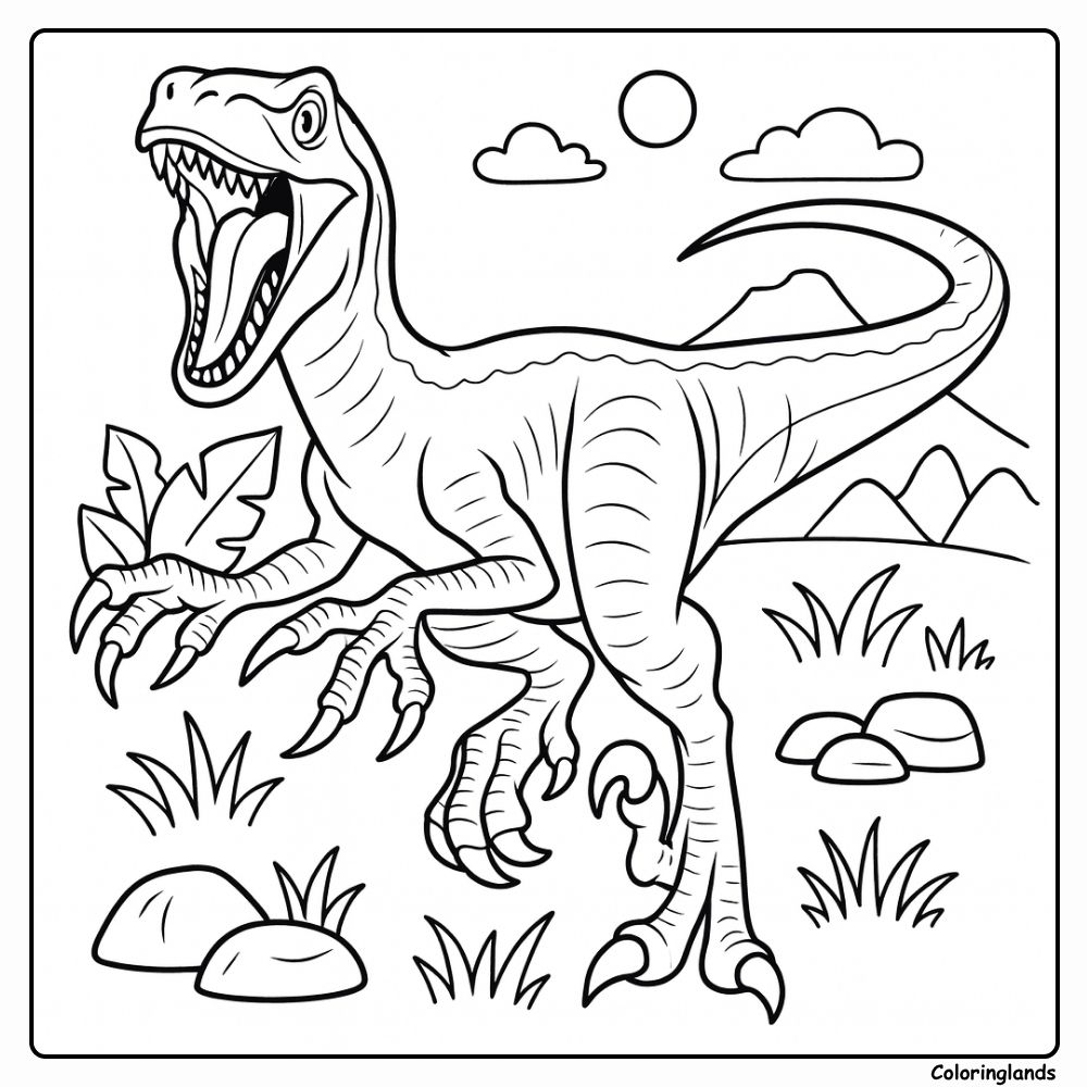Página para colorir de velociraptor azul em pose de rugido e sol ao fundo