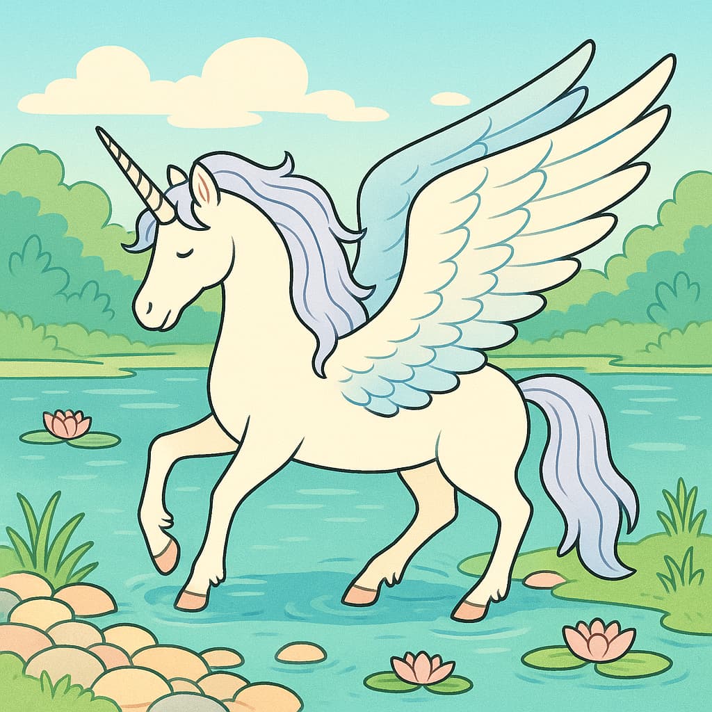 Unicórnio alado realista perto de um lago sereno