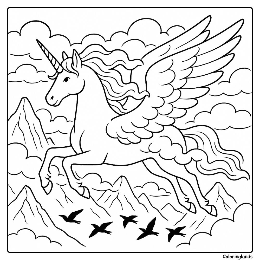 Desenhos de unicórnio alado realista para colorir com unicórnio voando nas nuvens.