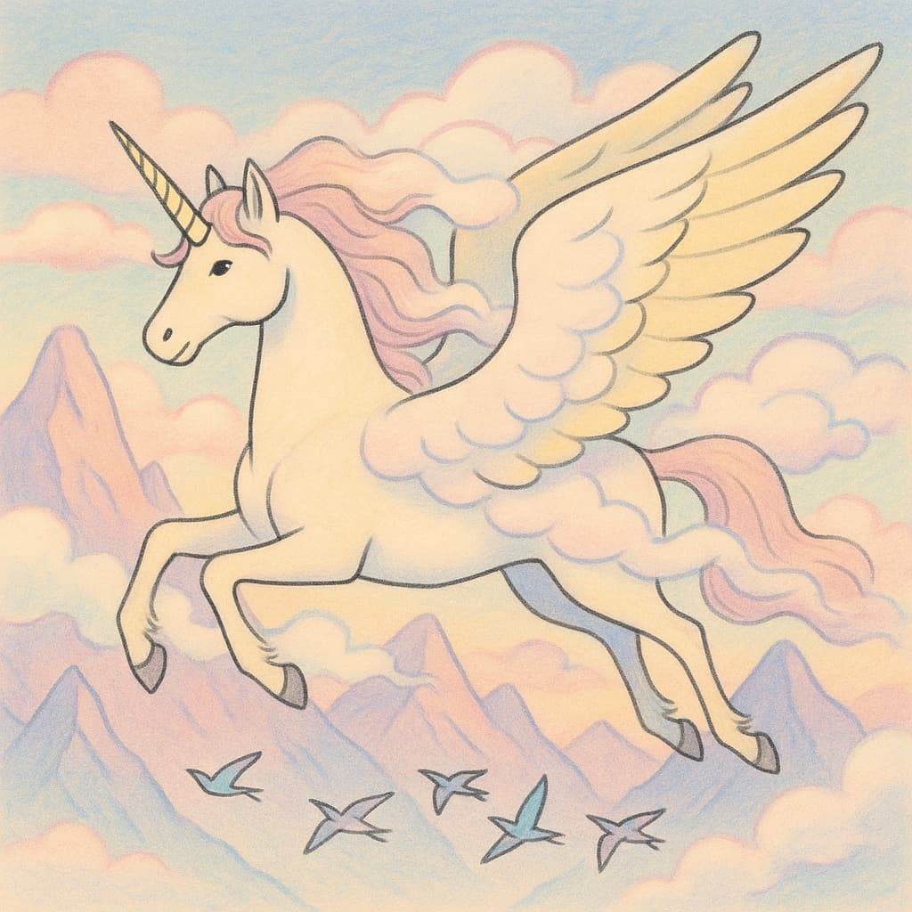 Ideia de colorir unicórnio alado realista no céu montanhoso pastel