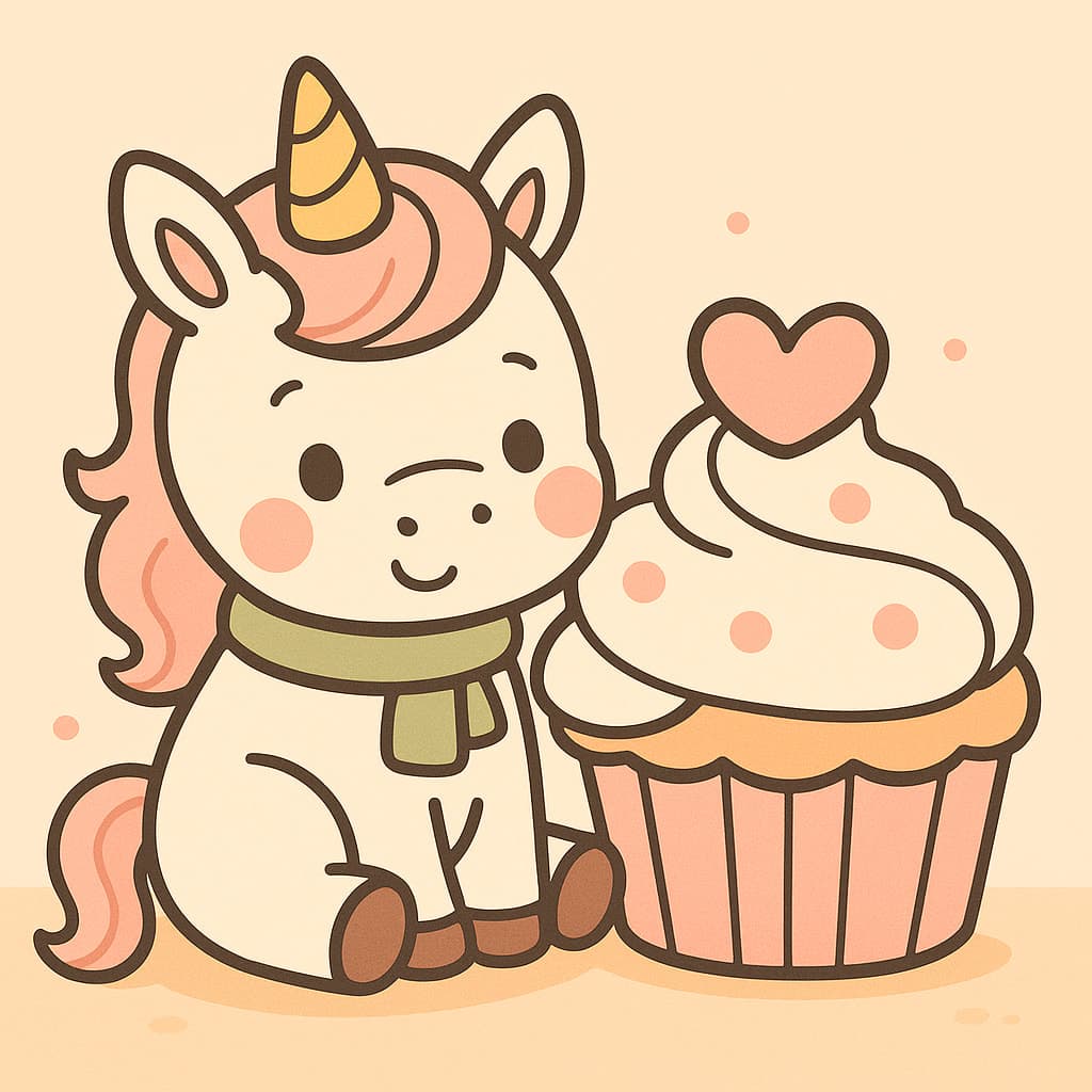 Unicórnio fácil ao lado de um cupcake com coração