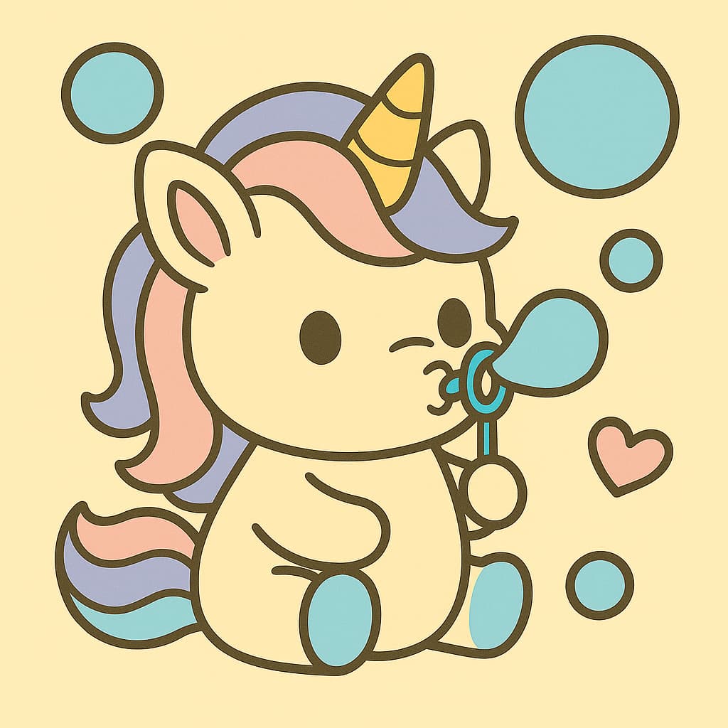 Unicórnio bebê brincando com bolhas mágicas