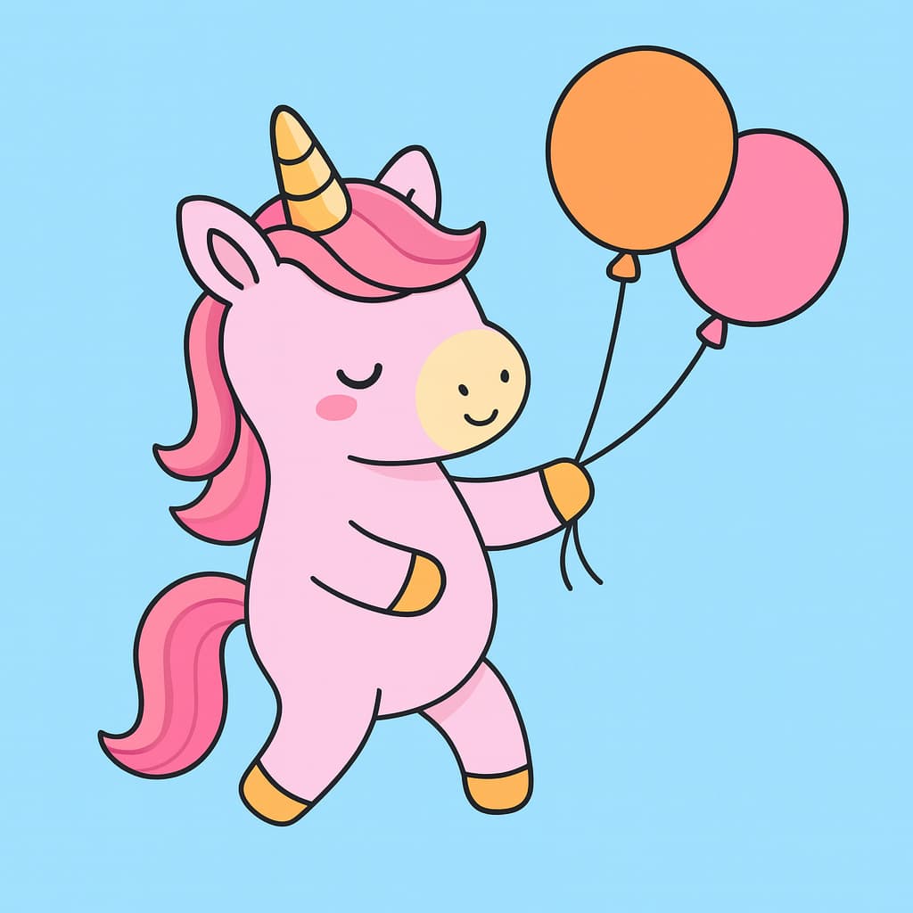 Unicórnio fácil com balões em um céu azul
