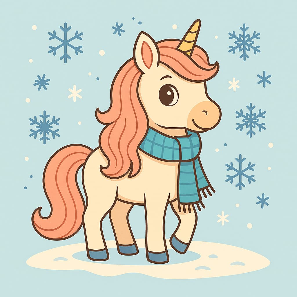 Desenho de unicórnio fácil em cena de neve invernal