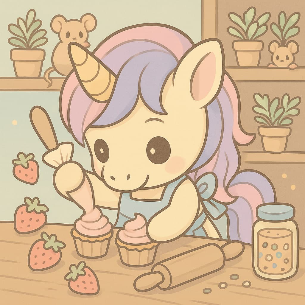 Desenho fácil de unicórnio na cozinha com confeitos por perto