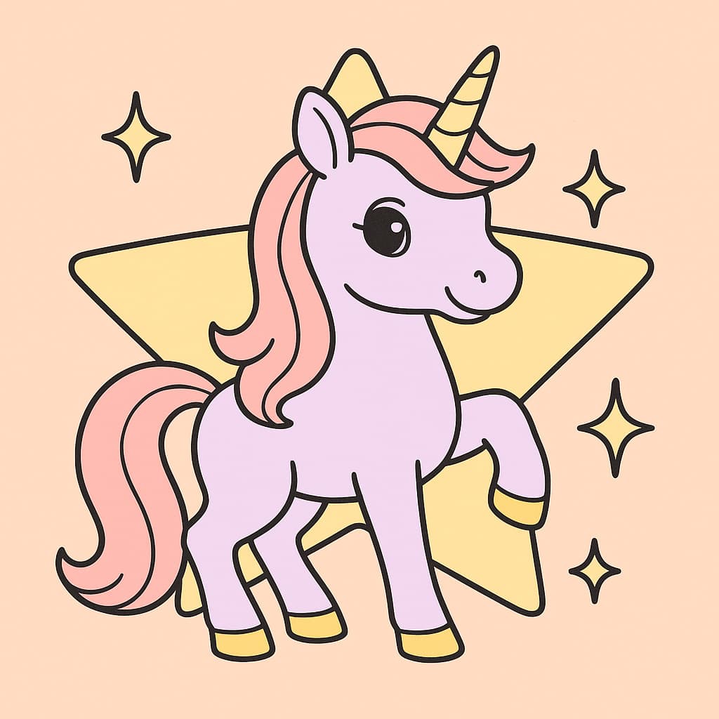 Desenho fácil de unicórnio diante de uma estrela cintilante