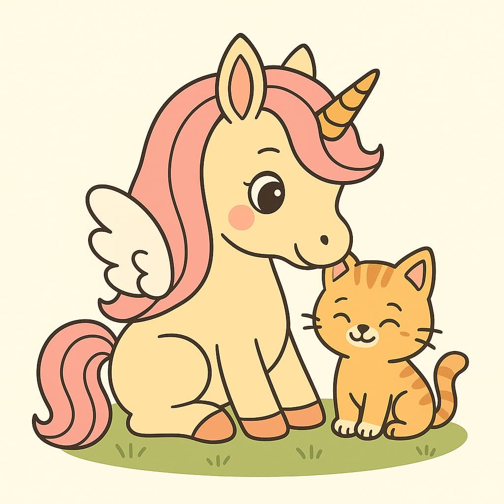 Desenho de unicórnio fácil com pônei alado sorrindo ao lado de um gato