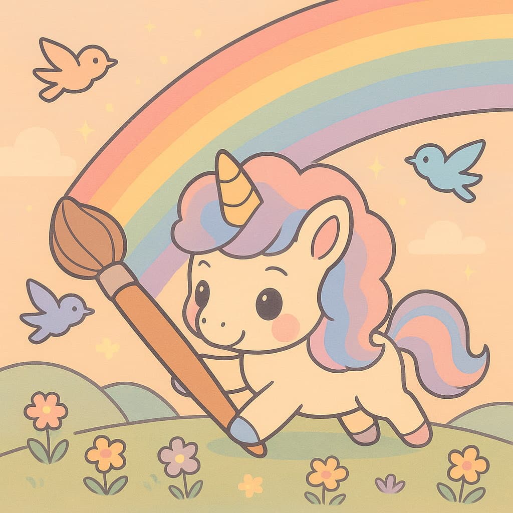 Unicórnio fácil pintando arco-íris nas colinas
