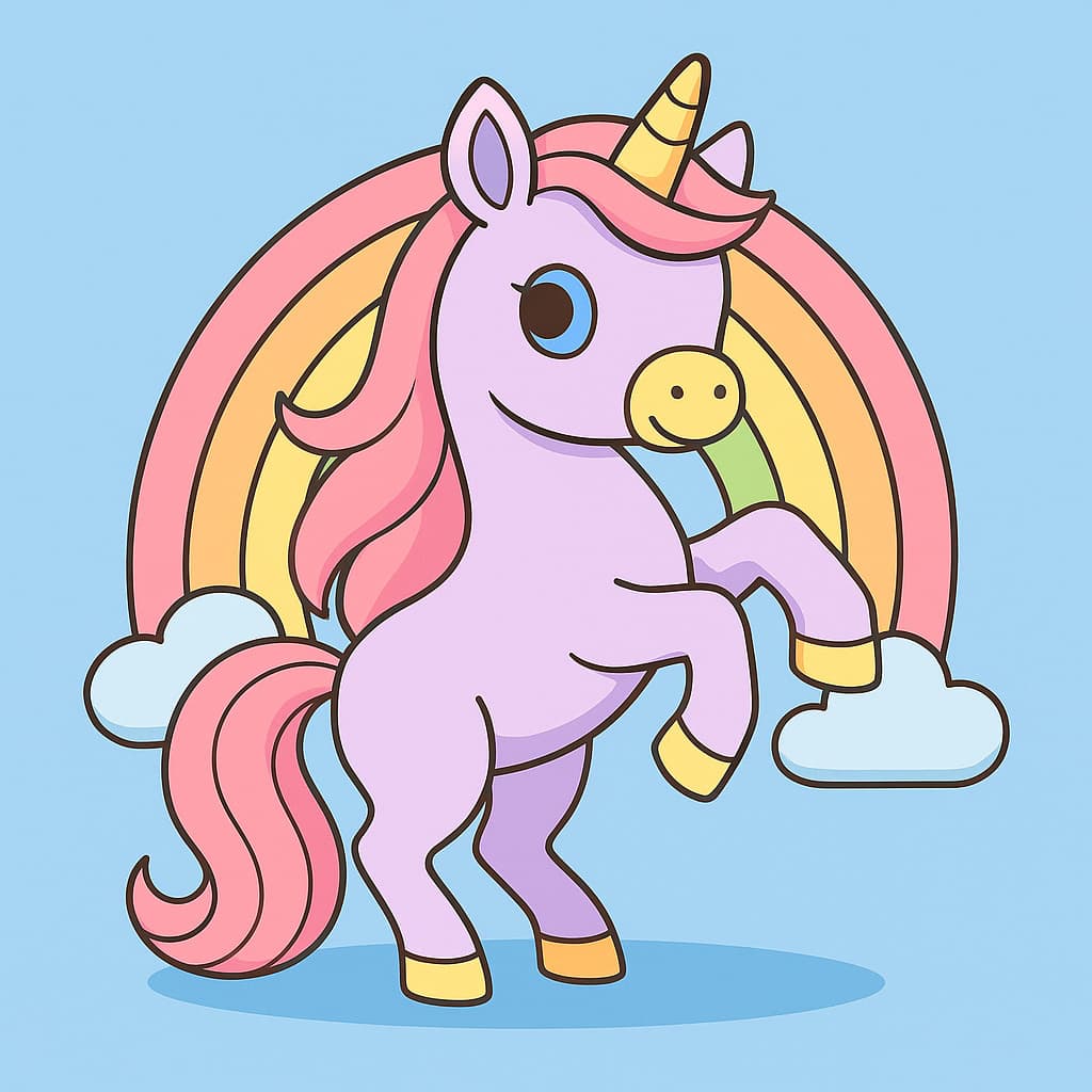 Unicórnio elegante sob arco-íris pastel