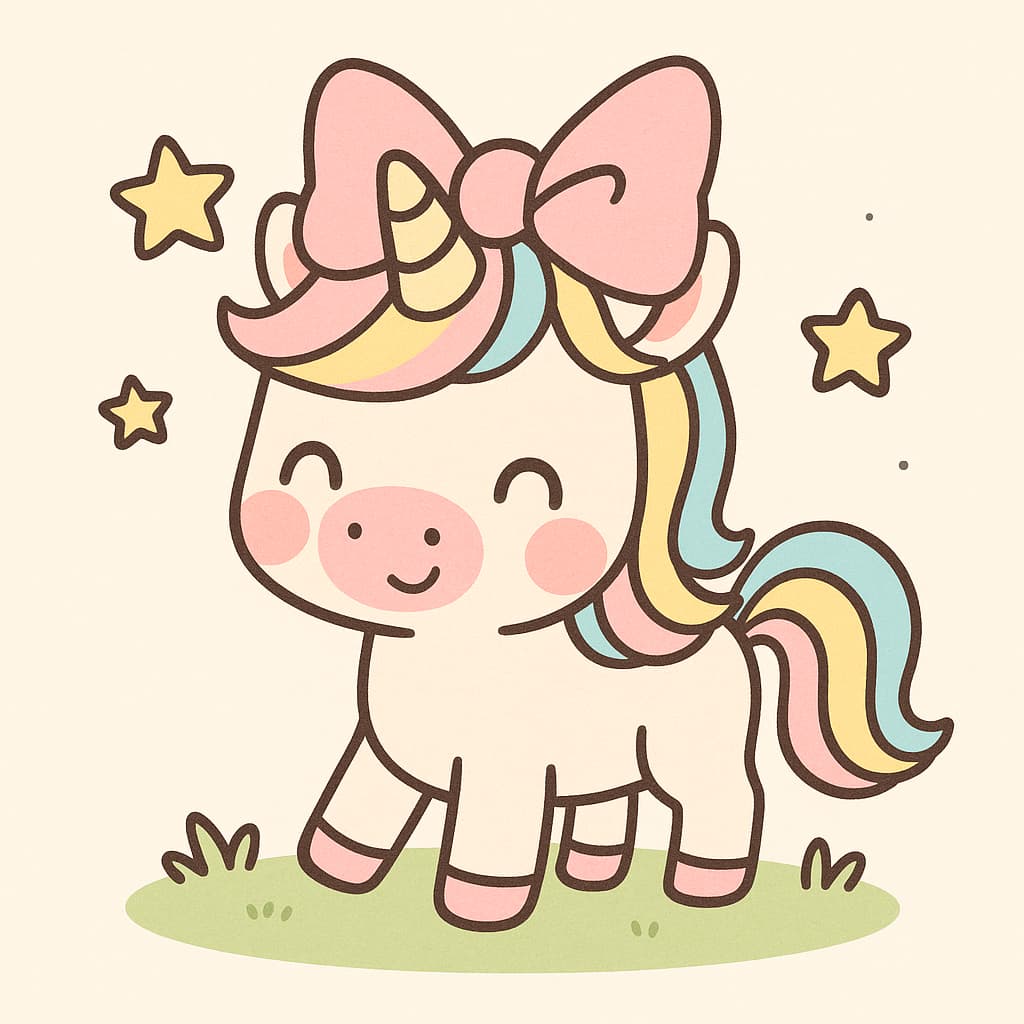 Desenho de unicórnio fofo com laço entre estrelas cintilantes