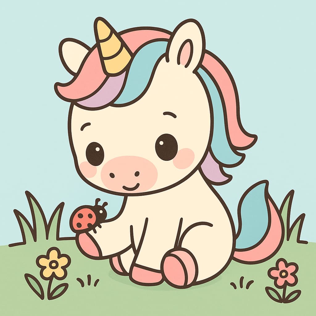 Unicórnio fofo admirando uma joaninha no jardim florido.