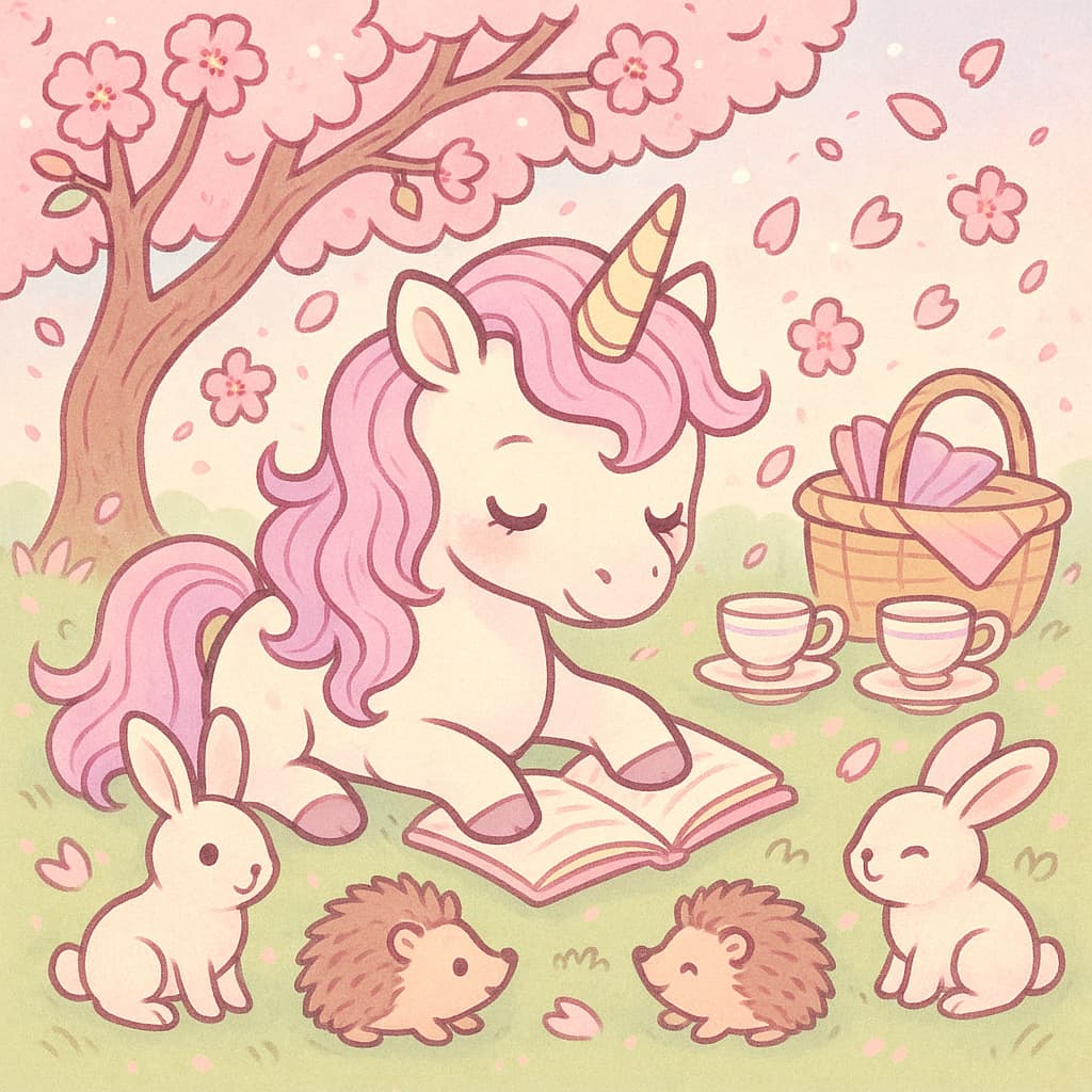 Unicórnio tranquilo no parque com coelhinhos e ouriços