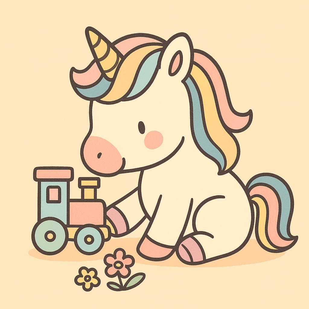 Desenho de unicórnio brincando com trem