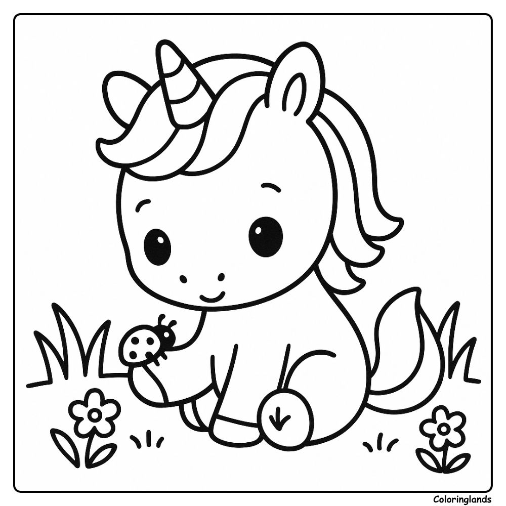 Páginas para colorir de unicórnio fáceis para crianças com unicórnio e joaninha