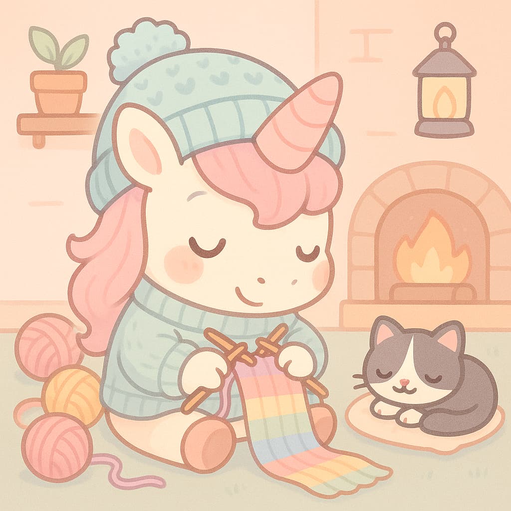 Desenho de unicórnio tricotando para crianças e gato cochilando