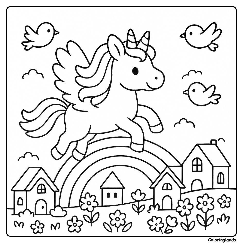 Página de colorir de unicórnio alado com pássaros e casas de vila