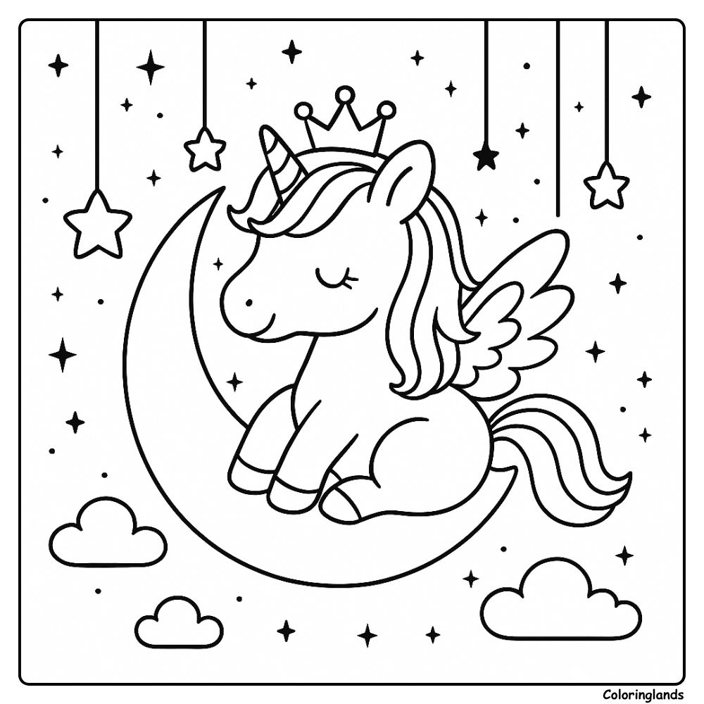 Página de colorir de unicórnio alado com estrelas e uma pequena coroa
