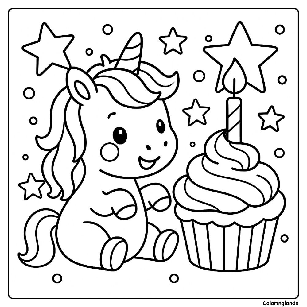 Páginas para colorir de unicórnio para crianças pequenas com cupcake e estrelas