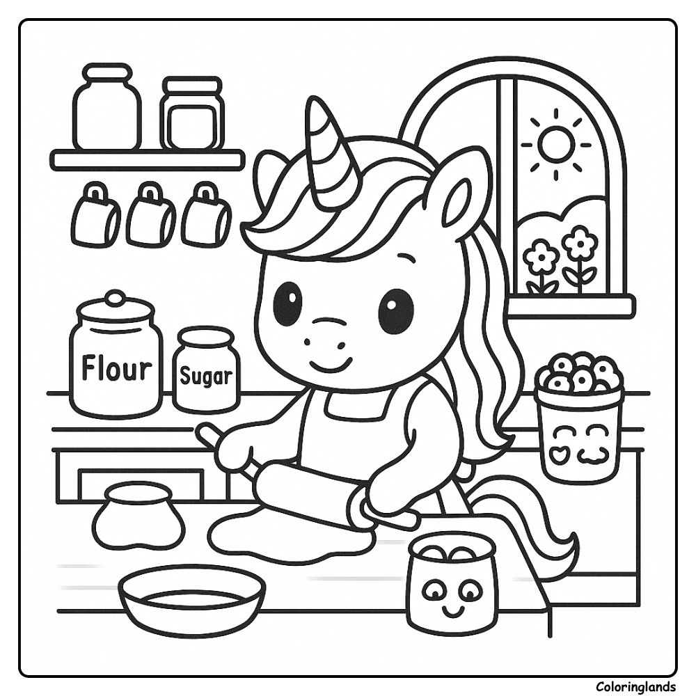 Desenhos para colorir infantil unicórnio na cozinha