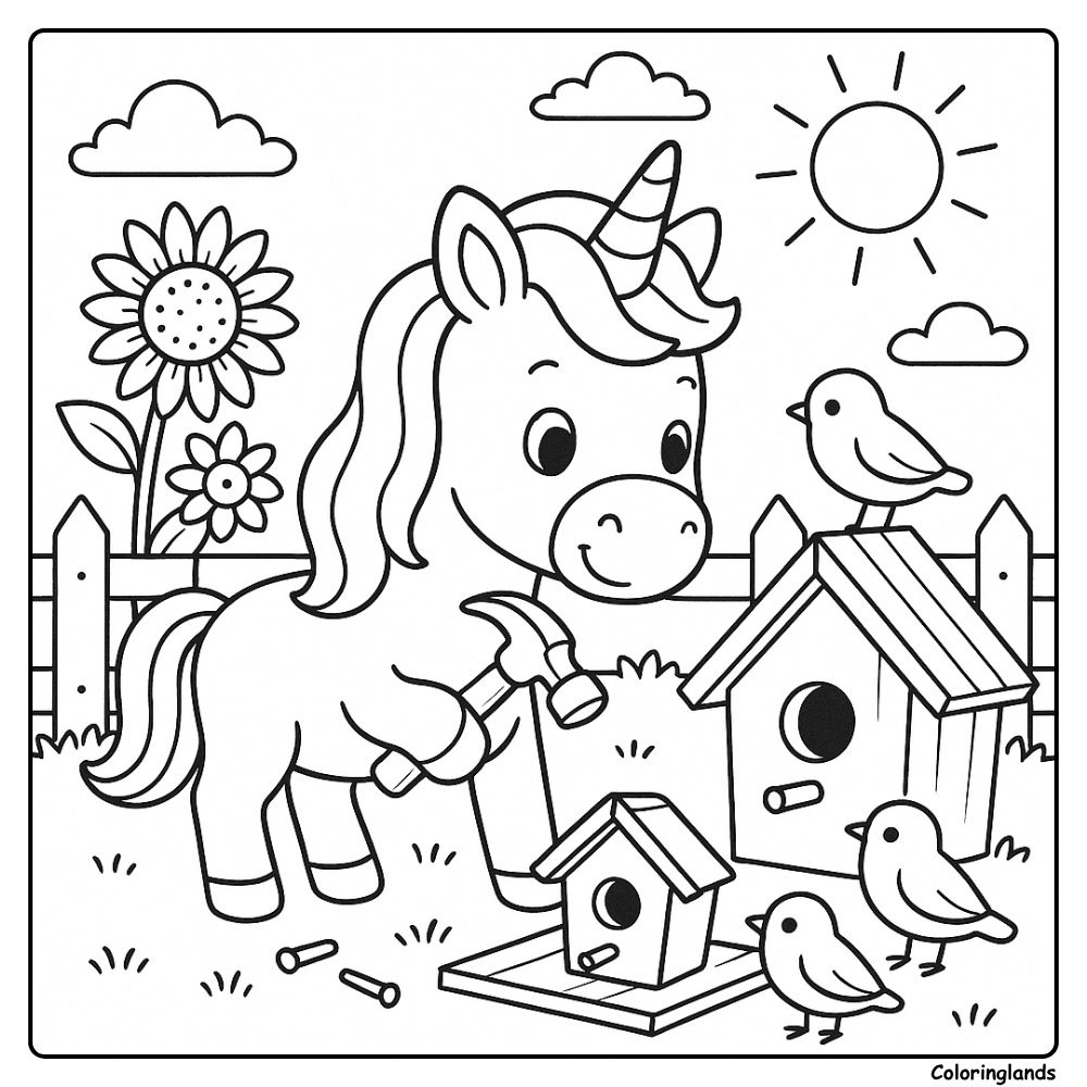 Desenhos para colorir infantil unicórnio construindo lares para pássaros