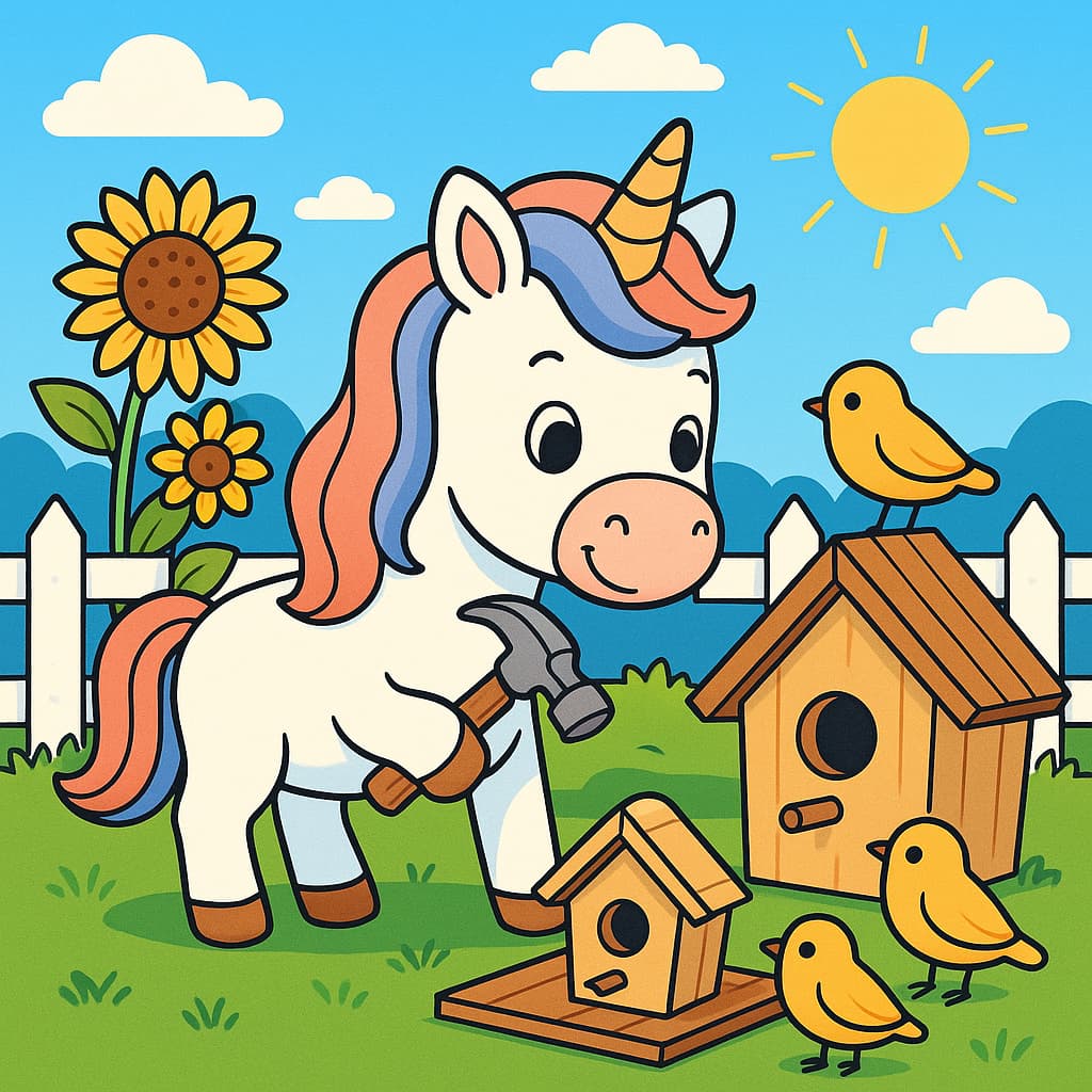 Unicórnio construtor de jardim com pássaros e martelo
