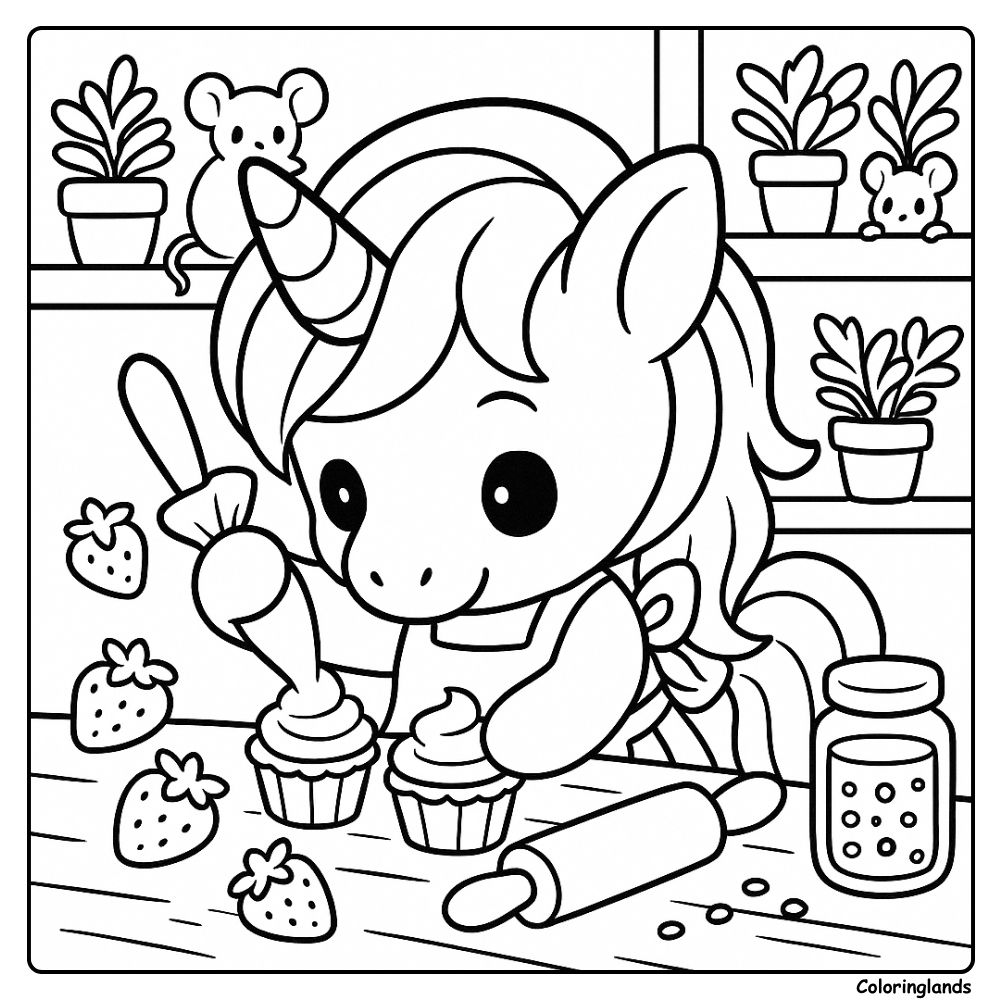 Cenário de cozinha com unicórnio para colorir fácil e doces decorados