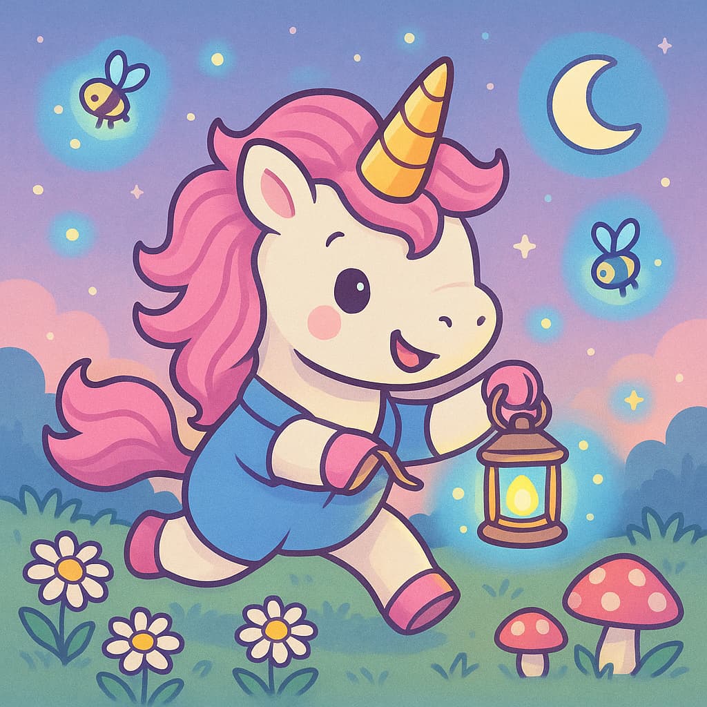 Desenho de unicórnio perseguindo vaga-lume com lanterna