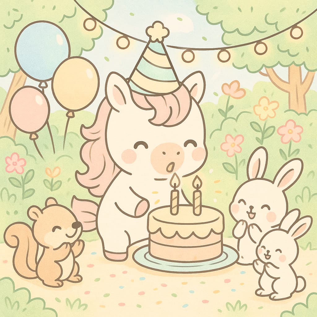 Desenho de unicórnio para crianças em festa com bolo e balões