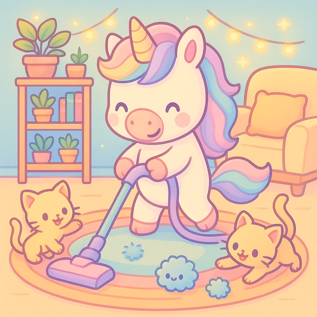 Unicórnio em momento de limpeza com dois gatinhos fofos